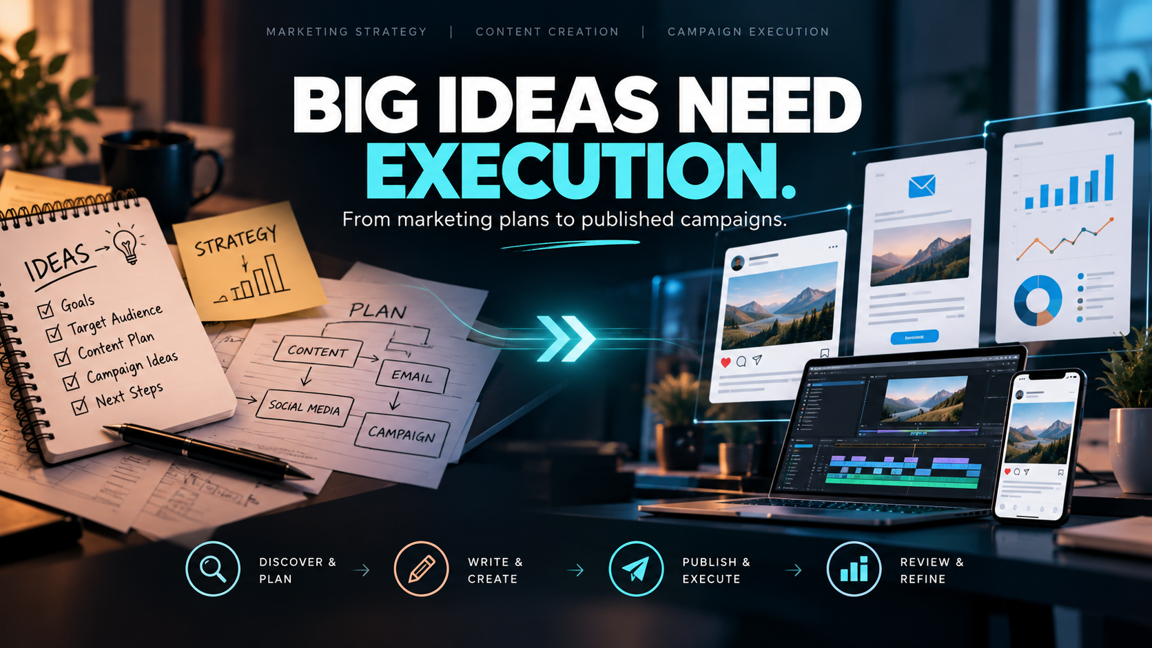 Modern marketing creative workspace with campaign materials in progress