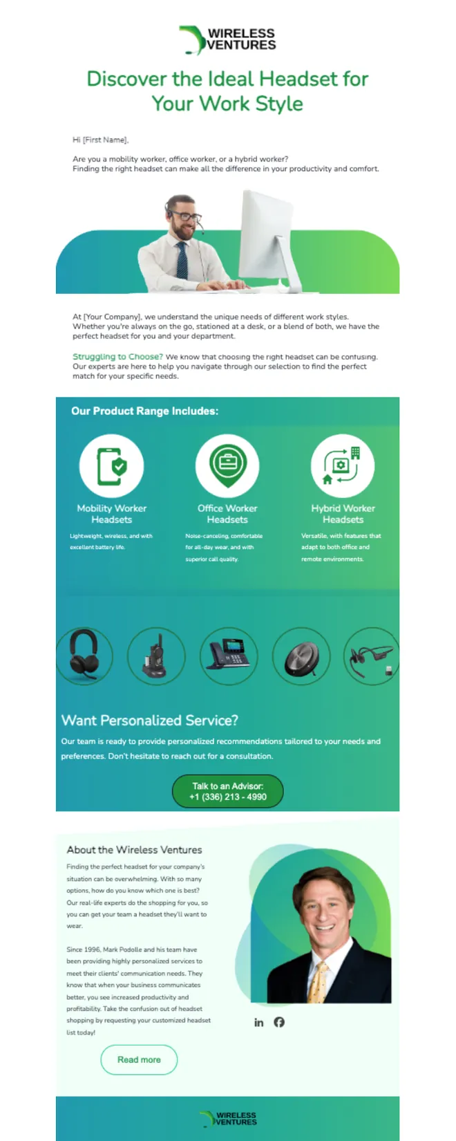 Headset Selection Email — marketing sample for Wireless Ventures