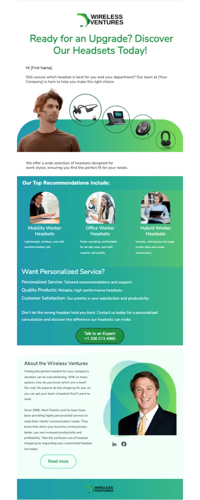 Headset Upgrade Email — marketing sample for Wireless Ventures
